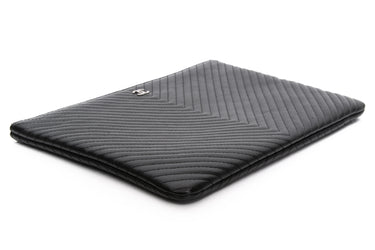 CHANEL Black Chevron Caviar Quilted O Case Clutch