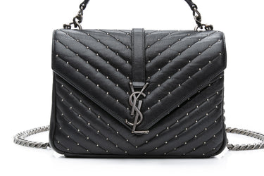 SAINT LAURENT Black Lambskin Matelasse Chevron Studded Monogram Medium College Bag