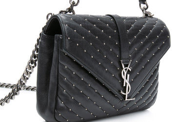 SAINT LAURENT Black Lambskin Matelasse Chevron Studded Monogram Medium College Bag