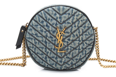 SAINT LAURENT Blue Denim Quilted Monogram Round Crossbody Bag