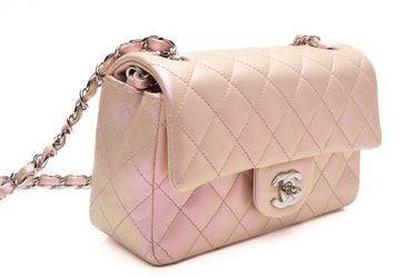 CHANEL 21K Pink Iridescent Calfskin Quilted Rectangular Mini Flap Bag