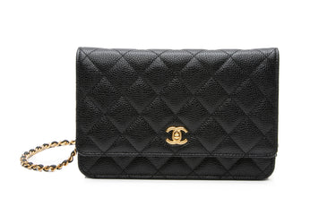 CHANEL Black Caviar CC Turnlock Quilted Wallet On Chain WOC