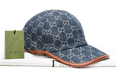 GUCCI Denim Cuir Washed Jacquard Denim Nappa GG Monogram Oscar Baseball Hat