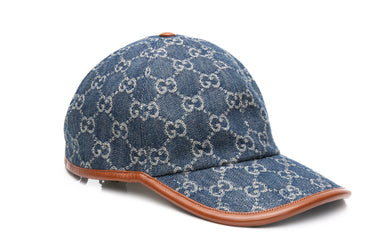 GUCCI Denim Cuir Washed Jacquard Denim Nappa GG Monogram Oscar Baseball Hat