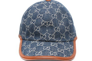 GUCCI Denim Cuir Washed Jacquard Denim Nappa GG Monogram Oscar Baseball Hat
