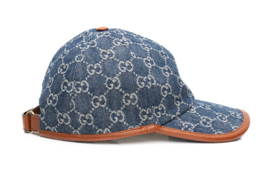 GUCCI Denim Cuir Washed Jacquard Denim Nappa GG Monogram Oscar Baseball Hat