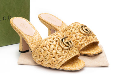 GUCCI Natural Woven Raffia Marrakech Waving Flower GG Marmont Slide Sandals 36.5 (New)