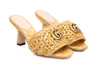 GUCCI Natural Woven Raffia Marrakech Waving Flower GG Marmont Slide Sandals 36.5 (New)