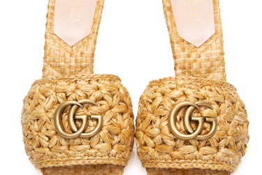 GUCCI Natural Woven Raffia Marrakech Waving Flower GG Marmont Slide Sandals 36.5 (New)
