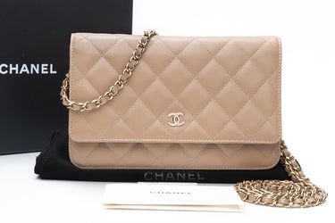 CHANEL 22A Beige Caviar Quilted Wallet On Chain WOC