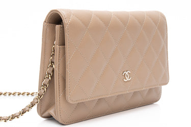 CHANEL 22A Beige Caviar Quilted Wallet On Chain WOC