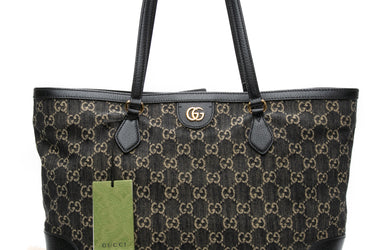 GUCCI Black and Ivory GG Denim Ophidia Medium Tote Bag