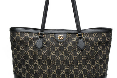 GUCCI Black and Ivory GG Denim Ophidia Medium Tote Bag