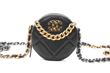 CHANEL Black Lambskin Quilted Chanel 19 Round Clutch With Chain