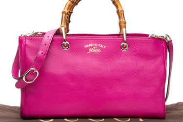GUCCI Bright Bougainvillea Pebbled Calfskin Medium Bamboo Shopper Tote Bag