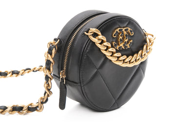 CHANEL Black Lambskin Quilted Chanel 19 Round Clutch With Chain