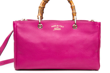 GUCCI Bright Bougainvillea Pebbled Calfskin Medium Bamboo Shopper Tote Bag