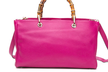 GUCCI Bright Bougainvillea Pebbled Calfskin Medium Bamboo Shopper Tote Bag