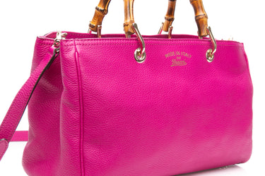 GUCCI Bright Bougainvillea Pebbled Calfskin Medium Bamboo Shopper Tote Bag