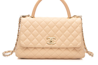 CHANEL Beige Caviar Lizard Quilted Medium Coco Handle Flap Bag