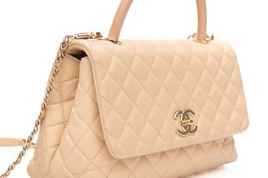 CHANEL Beige Caviar Lizard Quilted Medium Coco Handle Flap Bag