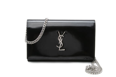 SAINT LAURENT Black Patent Cassandre Leather Wallet on Chain WOC