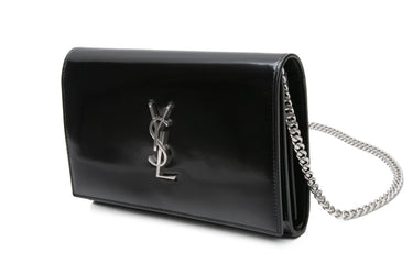 SAINT LAURENT Black Patent Cassandre Leather Wallet on Chain WOC