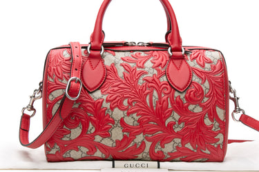GUCCI GG Supreme Hibiscus Red Monogram Arabesque Small Boston Bag