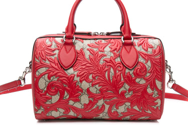 GUCCI GG Supreme Hibiscus Red Monogram Arabesque Small Boston Bag