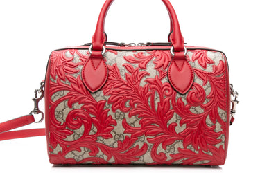 GUCCI GG Supreme Hibiscus Red Monogram Arabesque Small Boston Bag