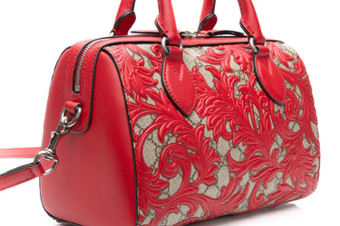 GUCCI GG Supreme Hibiscus Red Monogram Arabesque Small Boston Bag