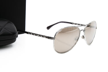 CHANEL Silver Chain Link Accent Aviator Sunglasses