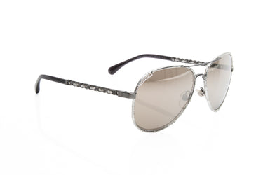 CHANEL Silver Chain Link Accent Aviator Sunglasses