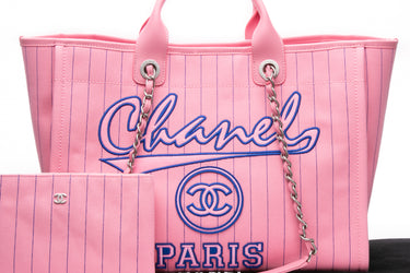 CHANEL 23P Pink Blue Canvas Calfskin Striped Large Deauville Tote Bag