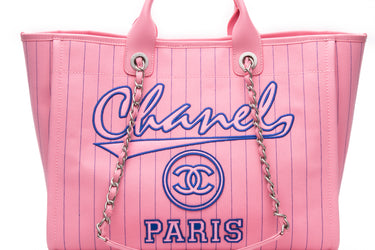 CHANEL 23P Pink Blue Canvas Calfskin Striped Large Deauville Tote Bag