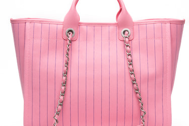 CHANEL 23P Pink Blue Canvas Calfskin Striped Large Deauville Tote Bag