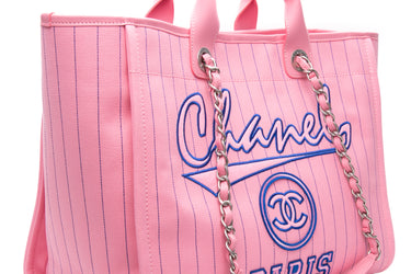 CHANEL 23P Pink Blue Canvas Calfskin Striped Large Deauville Tote Bag