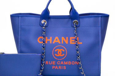 CHANEL Mixed Fibers Blue and Orange Canvas Large Deauville Tote Bag