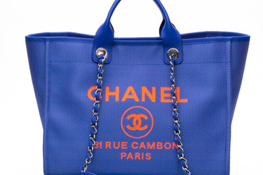 CHANEL Mixed Fibers Blue and Orange Canvas Large Deauville Tote Bag