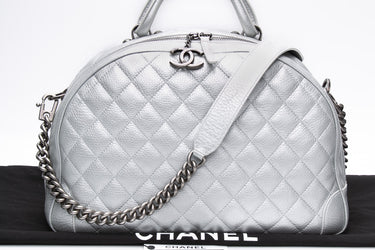 CHANEL Silver Metallic Calfskin Quilted Medium Airlines Round Trip Bowling Bag