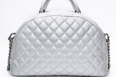 CHANEL Silver Metallic Calfskin Quilted Medium Airlines Round Trip Bowling Bag