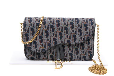 DIOR Blue and Tobacco Brown Dior Oblique Denim Medium Saddle Pouch with Chain (New)