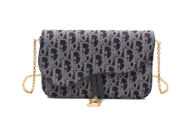 DIOR Blue and Tobacco Brown Dior Oblique Denim Medium Saddle Pouch with Chain (New)
