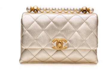 CHANEL Gold Metallic Lambskin Mini Pearl Top Handle Flap Bag