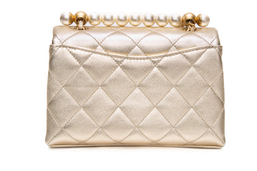 CHANEL Gold Metallic Lambskin Mini Pearl Top Handle Flap Bag