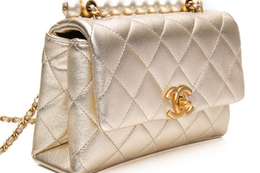 CHANEL Gold Metallic Lambskin Mini Pearl Top Handle Flap Bag