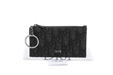 DIOR Black Dior Oblique Jacquard and Black Grained Calfskin Zipped Card Holder with Split Ring (New)