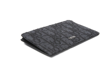 DIOR Black Dior Oblique Jacquard and Black Grained Calfskin Zipped Card Holder with Split Ring (New)
