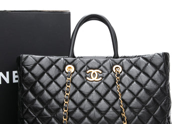 CHANEL Black Aged Calfskin Quilted Large Coco Handle Shopping Tote Bag