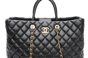 CHANEL Black Aged Calfskin Quilted Large Coco Handle Shopping Tote Bag